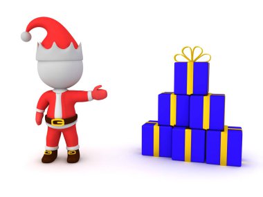 3D Noel Baba bir yığın mavi hediye gösteriyor