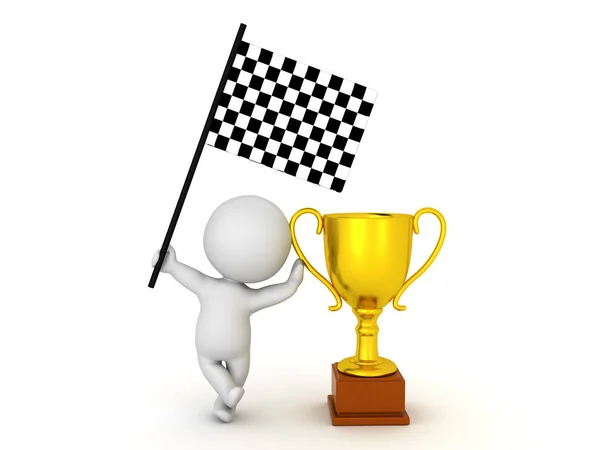 3D Character leaning on trophy and holding checkered flag — Stock Photo, Image