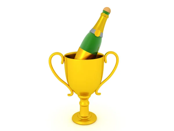 3D Відтворення золотого трофею з пляшкою шампанського в ньому — стокове фото
