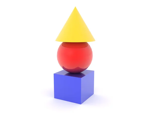 Rendu 3D de trois objets géométriques colorés, un cube, un cône — Photo