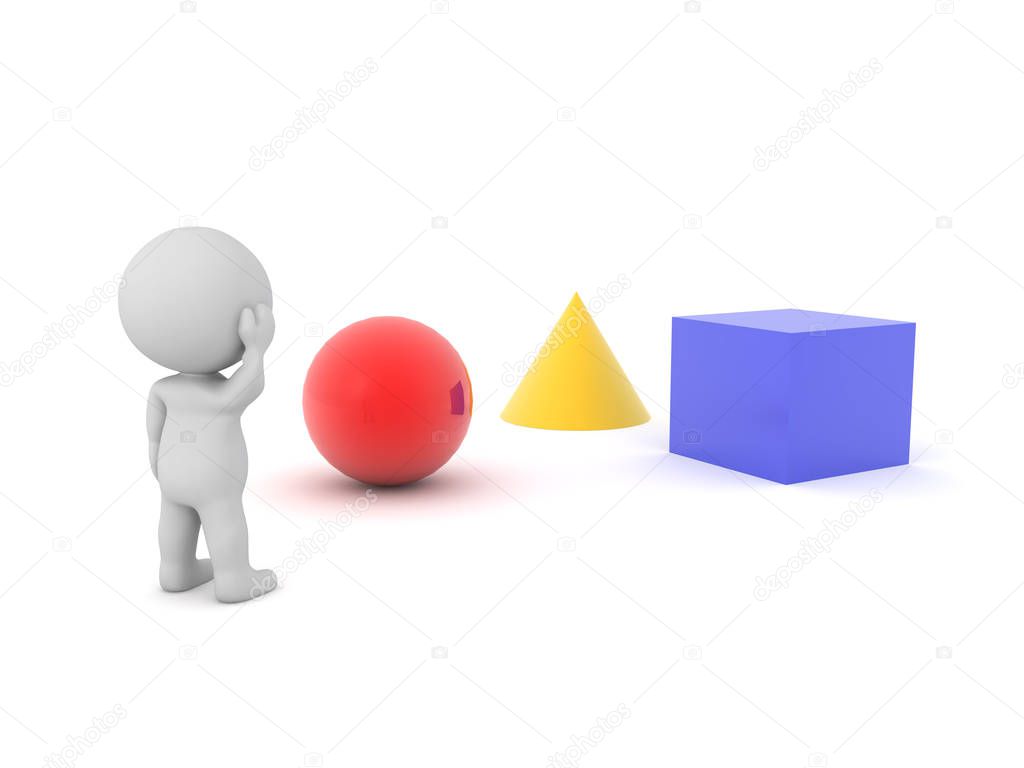 3D Character looking at geometric shapes, a cube, a shere and co