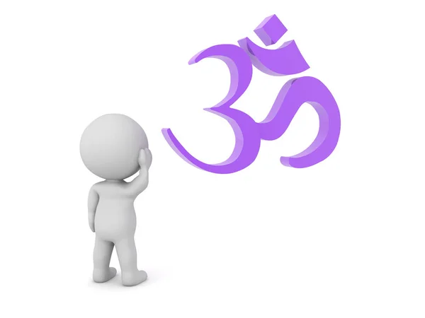 3D Character looking curious at OM symbol — Stock Photo, Image