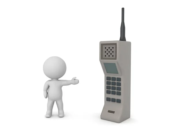 3D Character showing retro eighties brick cellphone — 스톡 사진