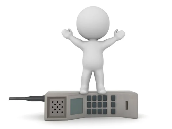 3D Character standing on top of retro brick cellphone — Stock Photo, Image