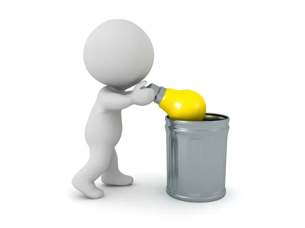 3D Character throws lightbulb idea into the trash — Stock Photo, Image