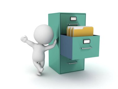 İçinde dizinler olan dosya dolabına yaslanan 3d Karakteri
