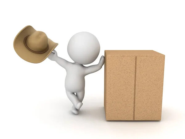 3D Character holding cowboy hat and leaning on a box — Stok fotoğraf