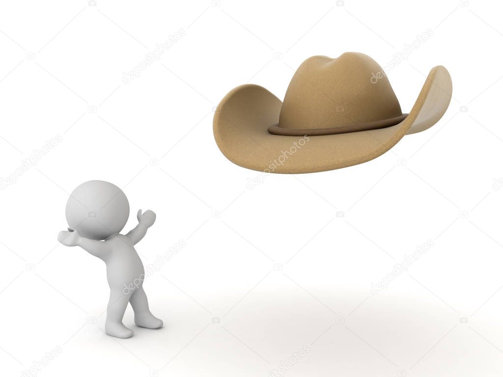 3D Character looking excited at cowboy hat
