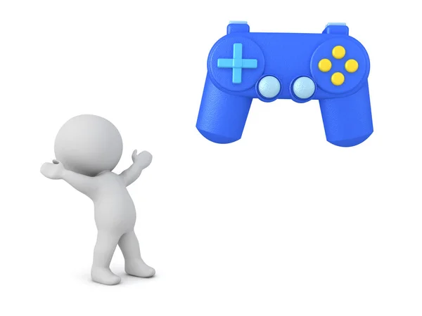 3D-Figur schaut aufgeregt auf Videospiel-Controller — Stockfoto