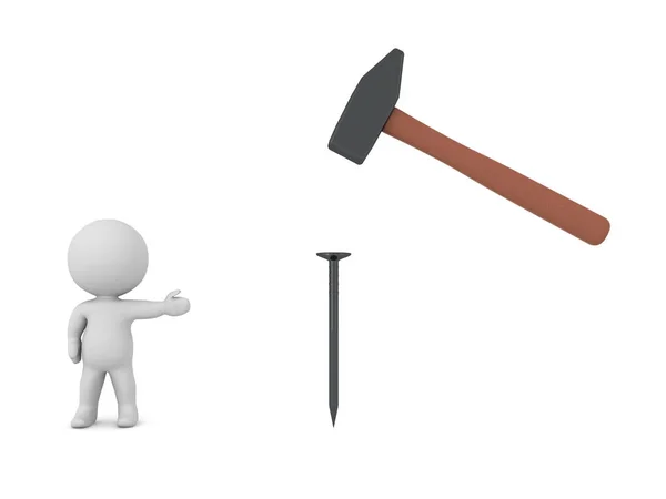 Personaje 3D mostrando martillo y clavo — Foto de Stock