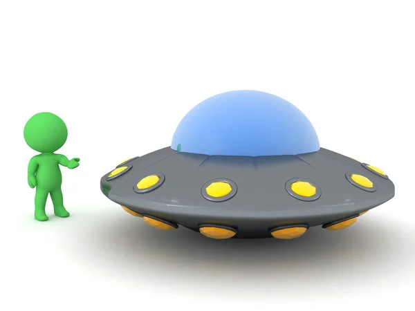 3d Küçük yeşil adam Ufo 'yu gösteriyor — Stok fotoğraf