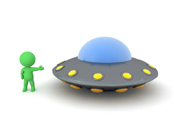 Ufo 'yu gösteren 3d Karakteri — Stok fotoğraf