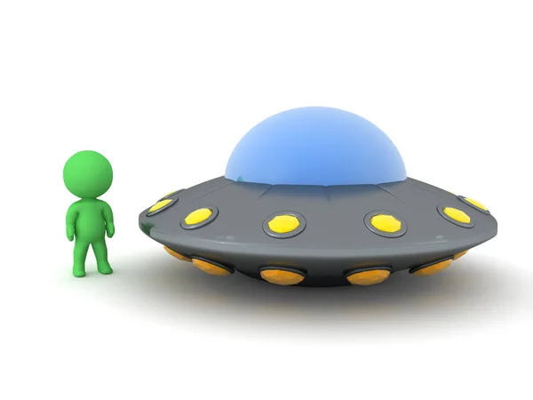 3D 작은 초록색 사람 과 UFO — 스톡 사진