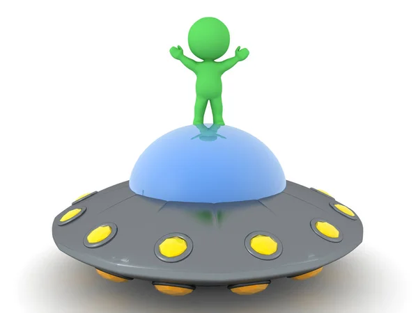 3D Зеленый человечек стоит на вершине НЛО — стоковое фото