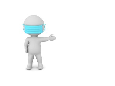 3D karakter tıbbi maske takıyor ve sağda görünüyor. 3d görüntüleme beyaz üzerine izole edildi.