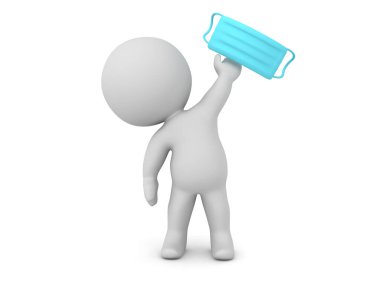 3D Karakter tıbbi maske tutuyor. 3d görüntüleme beyaz üzerine izole edildi.