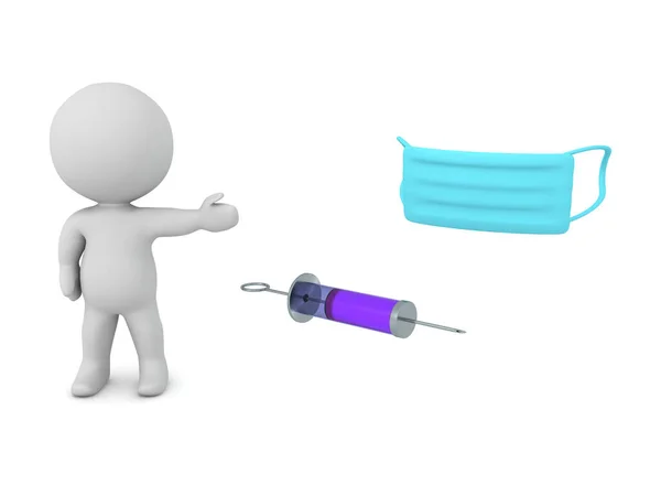 Character Showing Syringe Medical Mask Rendering Isolated White — Stock Photo, Image