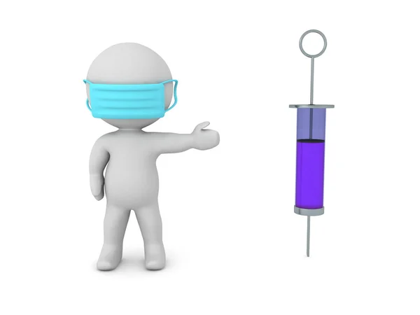 3D注射器を示す医療用ワスクを身に着けて文字 白で隔離された3Dレンダリング — ストック写真