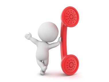 Geriye dönük kırmızı telefon ahizesine yaslanıyor. 3d görüntüleme beyaz üzerine izole edildi.