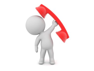 3D Karakter, geçmişe dönük kırmızı telefon ahizesini yükseltiyor. 3d görüntüleme beyaz üzerine izole edildi.