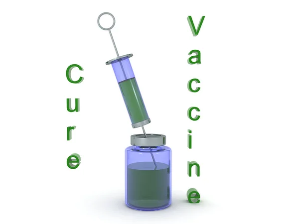 3Dワクチン治療テキストと注射器と血清ボトルのレンダリング 白で隔離された3Dレンダリング — ストック写真