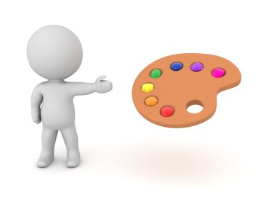Sanatçı ressamın renk paletini gösteren 3 boyutlu karakter. 3B görüntüleme beyaz üzerine izole edildi.