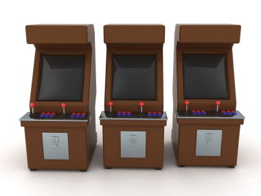 Video oyunu atari salonunun 3 boyutlu canlandırması. 3d görüntüleme beyaz üzerine izole edildi.