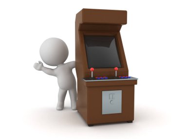 Eski oyun dolabının arkasından el sallayan 3D karakter. 3d görüntüleme beyaz üzerine izole edildi.