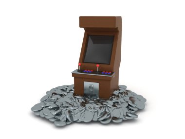Etrafı bozuk paralarla çevrili 3D oyun dolabı. 3d görüntüleme beyaz üzerine izole edildi.