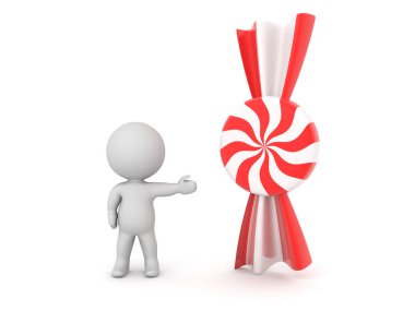 3D Karakter kırmızı ve beyaz bonbon şekeri gösteriyor. 3d görüntüleme beyaz üzerine izole edildi.