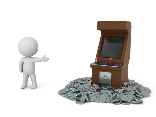 Personaje Mostrando Arcade Con Muchas Monedas Alrededor Representación Aislada Blanco — Foto de Stock