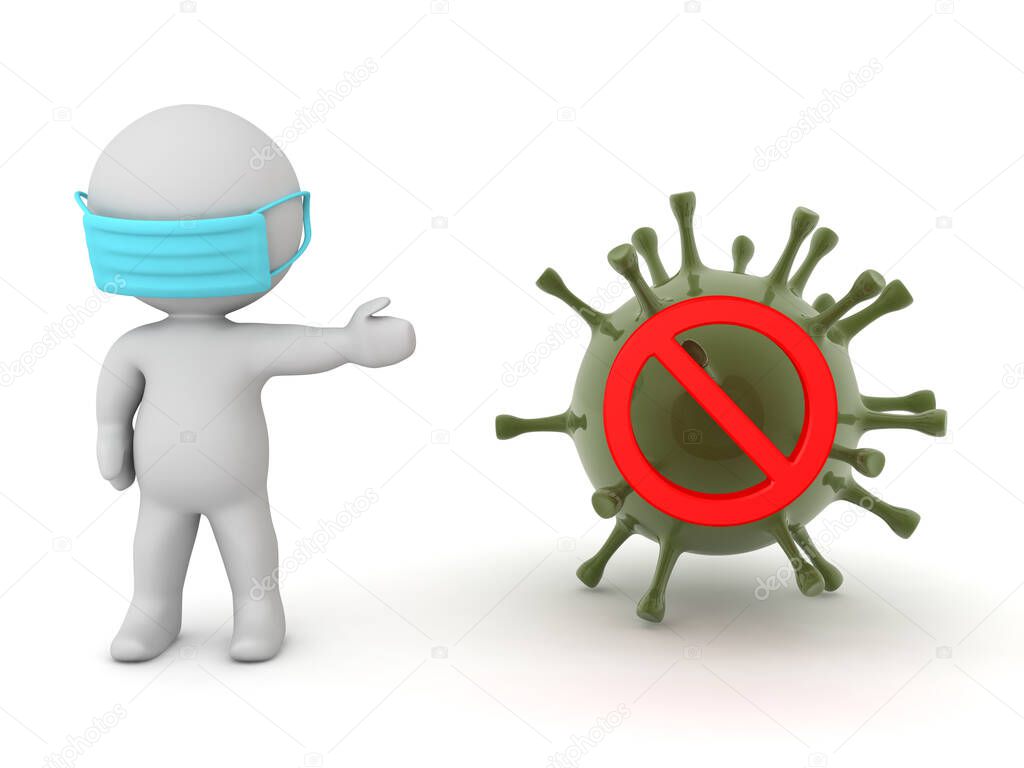 3D Character with medical mask showing virus with forbidden sign on it. 3D Rendering isolated on white.