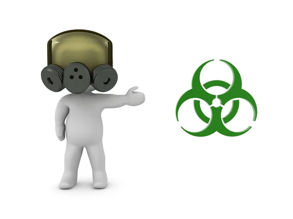 Character Gas Mask Pointing Biohazard Logo Rendering Isolated White — Stock Photo, Image