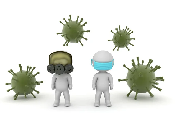 3D人物戴着面具 被病毒细菌包围 在白色上隔离3D渲染 — 图库照片