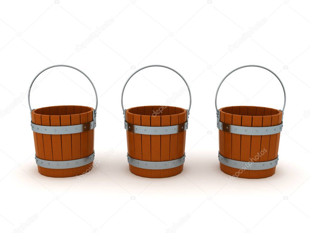 3D Rendering of three wooden buckets. 3D Rendering isolated on white.