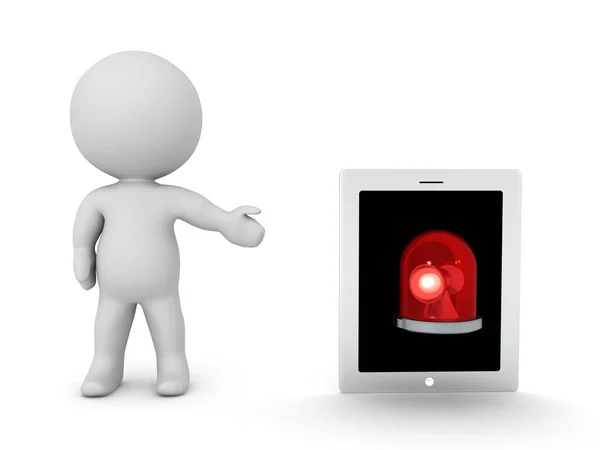 Karakter Menunjukkan Tablet Dengan Lampu Darurat Atasnya Perenderan Terisolasi Pada — Stok Foto