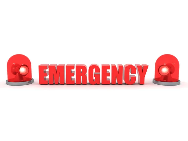 Piros Szöveg Azt Mondja Vészhelyzet Piros Lámpákkal Körülötte Renderelés Elszigetelt — Stock Fotó