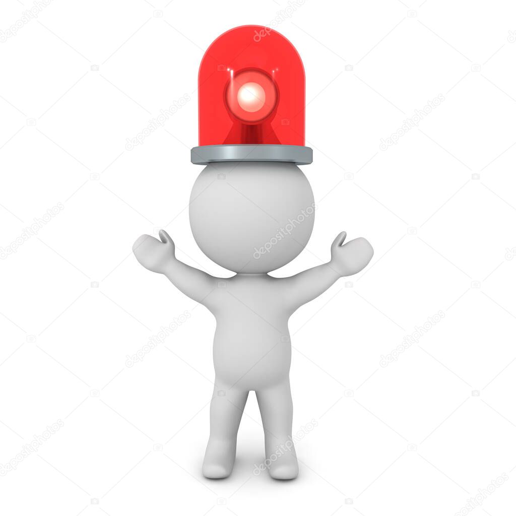 3D Charater with arms raised and emergency light on his head. 3D Rendering isolated on white.