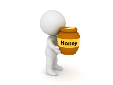 3 boyutlu karakter elinde bal kavanozu tutuyor. 3B görüntüleme beyaz üzerine izole edildi.