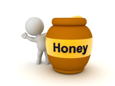 3 boyutlu karakter bal kavanozunun arkasından el sallıyor. 3B görüntüleme beyaz üzerine izole edildi.