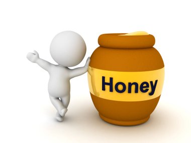 3 boyutlu karakter büyük bir bal kavanozuna yaslanıyor. 3B görüntüleme beyaz üzerine izole edildi.