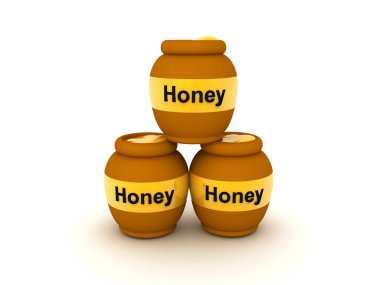 Üç kavanoz bal 3 boyutlu görüntüleme. 3B görüntüleme beyaz üzerine izole edildi.