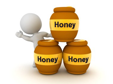 Üç kavanoz bal arkasından el sallayan üç boyutlu karakter. 3B görüntüleme beyaz üzerine izole edildi.