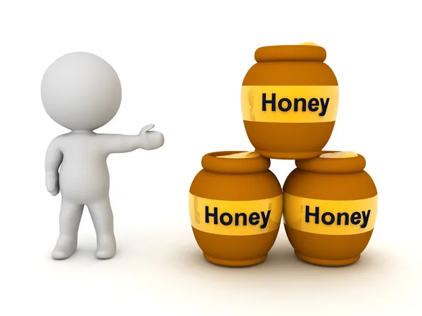 3D人物展示了三罐蜂蜜在白色上隔离3D渲染 — 图库照片