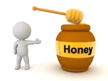 3 boyutlu karakter bal kavanozu ve kaşık gösteriyor. 3B görüntüleme beyaz üzerine izole edildi.