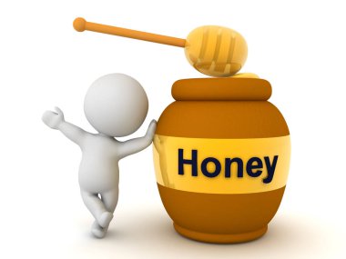 3 boyutlu karakter bal ve kaşık kavanozuna yaslanıyor. 3B görüntüleme beyaz üzerine izole edildi.