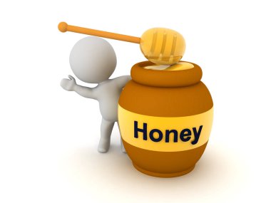 3 boyutlu karakter bal kavanozu ve kaşığın arkasından el sallıyor. 3B görüntüleme beyaz üzerine izole edildi.