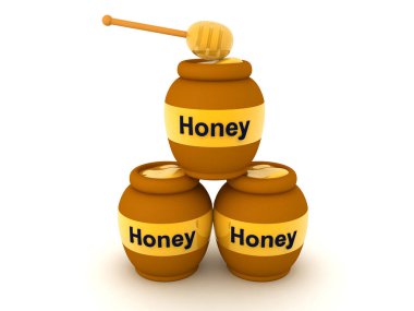 Üstünde kaşık olan üç boyutlu bal kavanozları. 3B görüntüleme beyaz üzerine izole edildi.