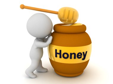 3 boyutlu karakter, bal kavanozunu kaşıkla itiyor. 3B görüntüleme beyaz üzerine izole edildi.