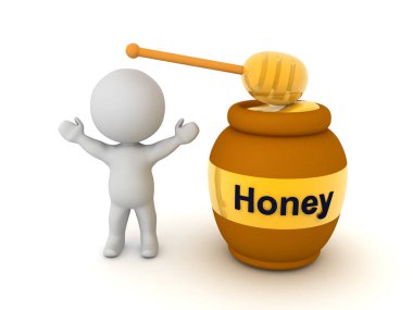 3 boyutlu karakter kaşıklı bal kavanozunun yanında mutludur. 3B görüntüleme beyaz üzerine izole edildi.